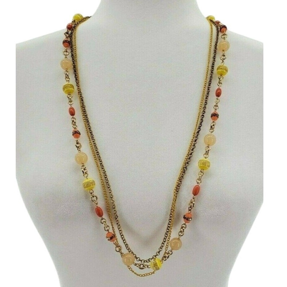 Vintage 3 Strand Gold Tone Necklace Coral Yellow Beaded 33" Long Layered Chains